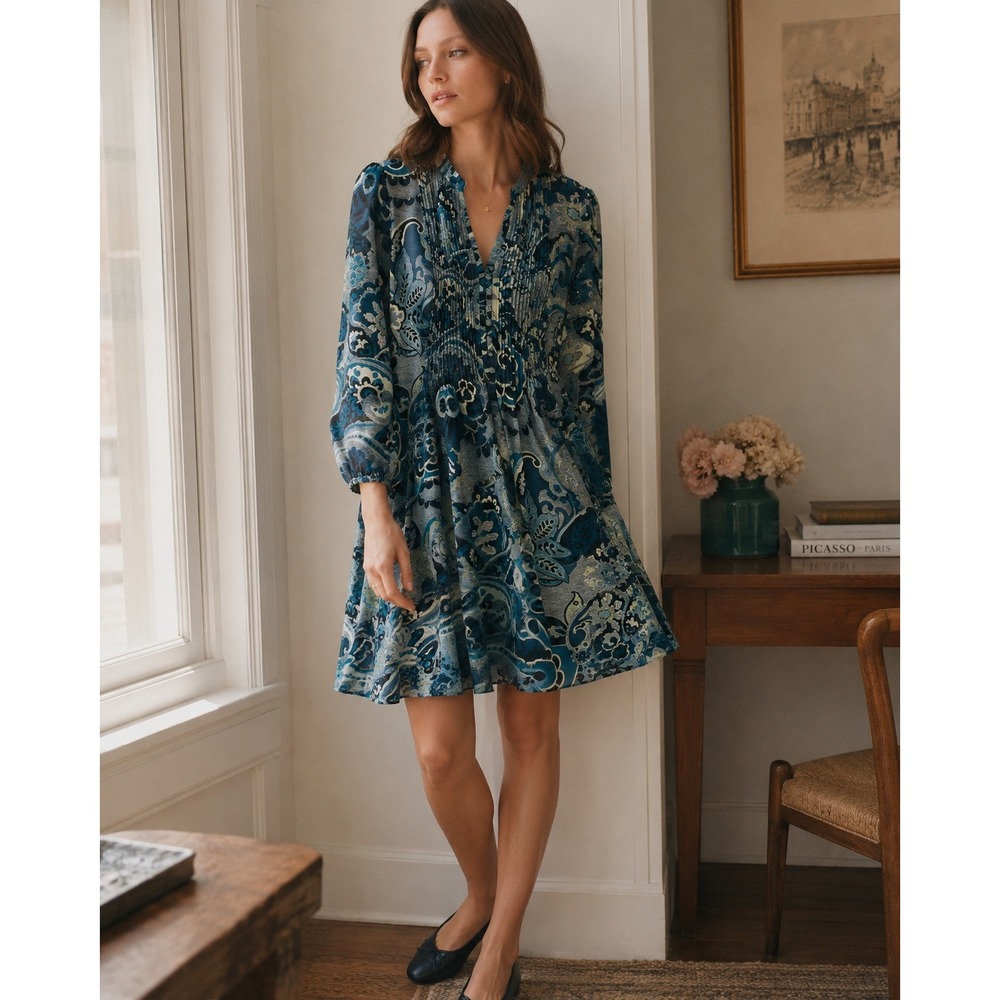 Roz & Ali Blue Teal‎ Paisley Pintuck Pleated Tie Waist Chiffon Dress Womens 12